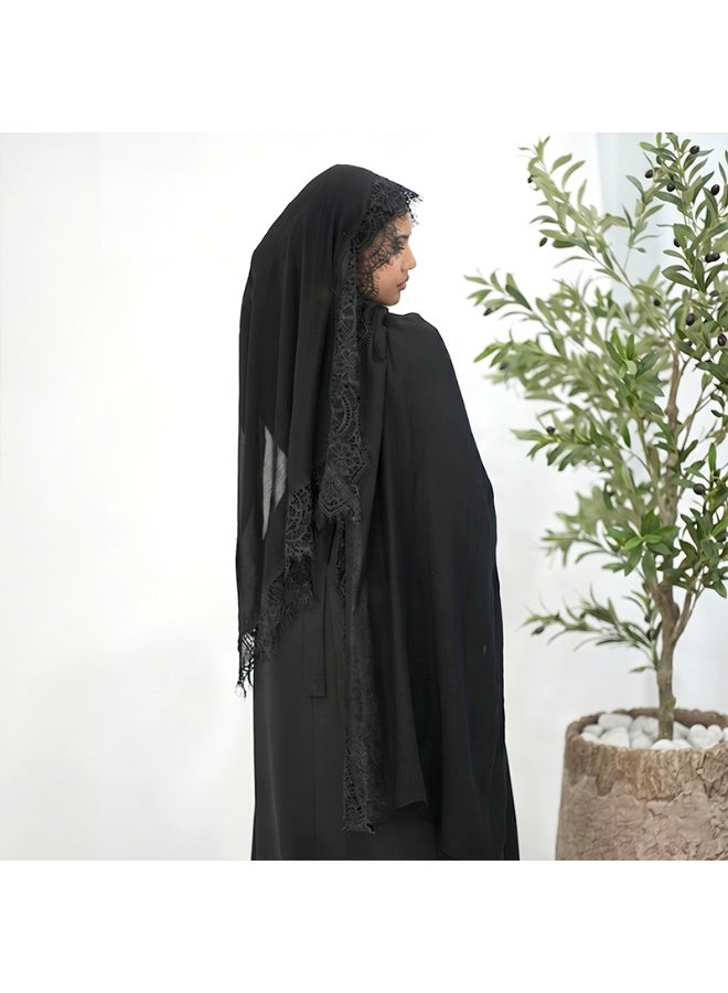 وشاح نسائي من الرايون السادة المزين بالدانتيل: شال وغطاء رأس مساميان - Image 1