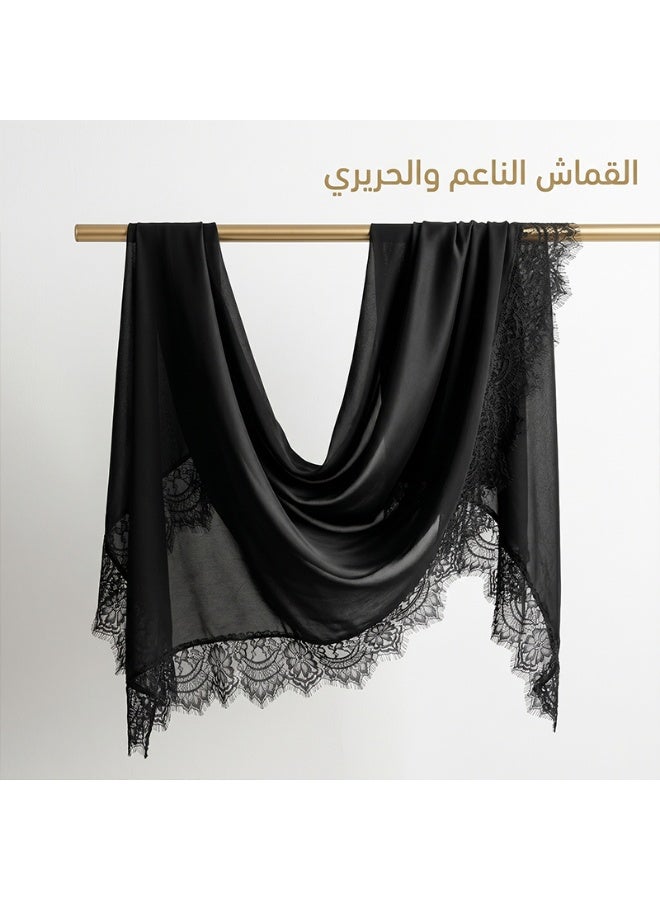 وشاح نسائي من الرايون السادة المزين بالدانتيل: شال وغطاء رأس مساميان - Image 2