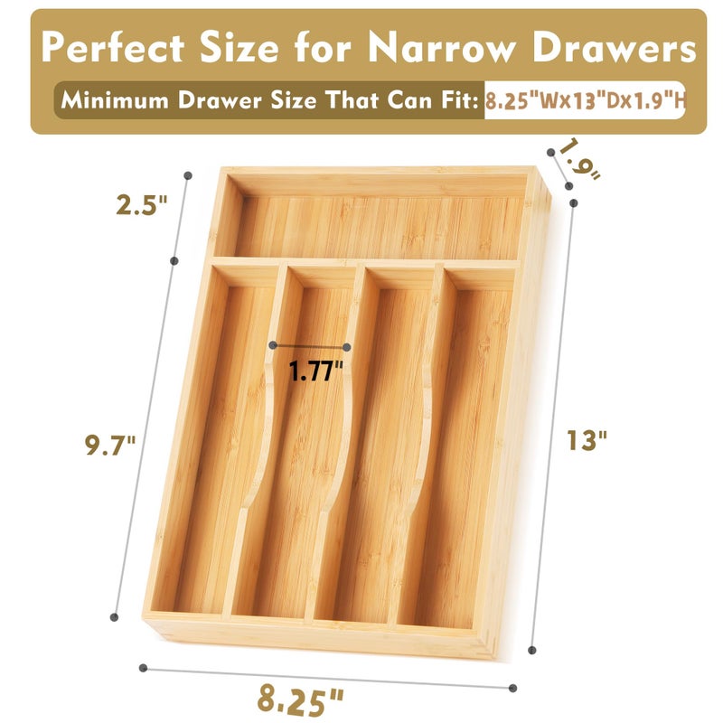 Upassion Bamboo Kitchen Drawer Organizer, 8.25 Inch Silverware Utensil Holder for Samll Drawer, Silverware Organizer for Cutlery Knives - Image 2