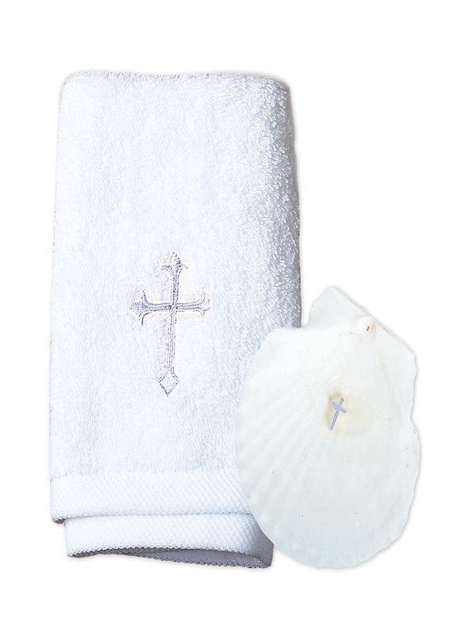 Ohmique Baptism Towel with Baptism Shell Set - Baptism Towel for Boys and Girls, White Christening Cloth with Embroidery Cross, 100% Cotton Baptismal Cloth Baptismal Gifts for Infants Toddlers Kids (SILVER) - Image 1