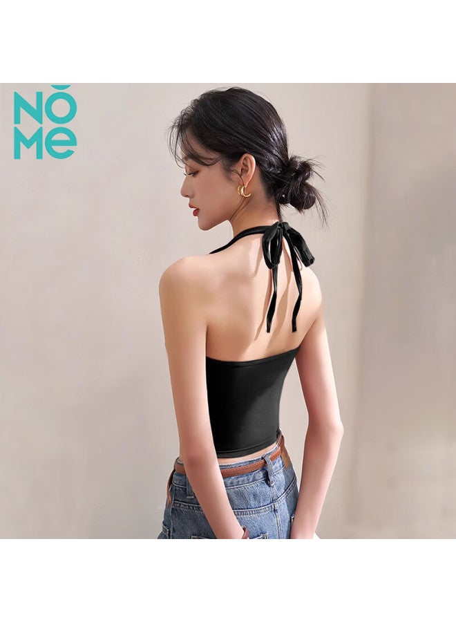 Nome Women's Neck-hanging Camisole With Chest Pad, Integrated Back Design, Short Base Top, Black, Tie Style, XL