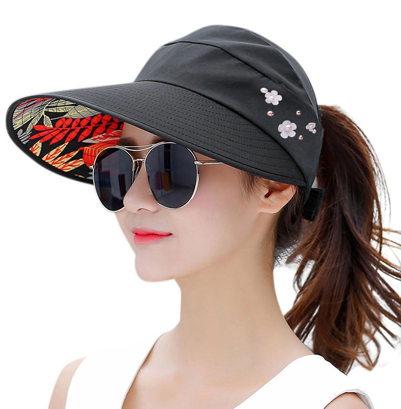HINDAWI Sun Hats for Women Sun Hat Wide Brim UV Protection Summer Beach Foldable Visor Black - Image 1