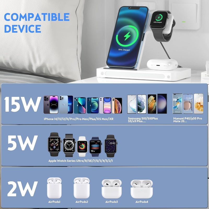 Aricvort Wireless Charger, 3 in 1 Charging Station Apple, 18W Fast Wireless Charger Stand Compatible with iPhone 14/13/12/11/Pro/SE/XS/XR/8 Plus, for Apple Watch 8/7/6/5/4/3/2/SE, AirPods Pro 3/2 (white) - Image 2