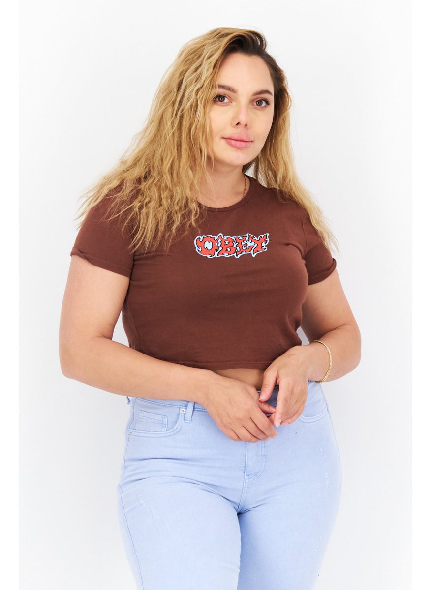 OBEY Women Crew Neck Short Sleeves Graphic Printed T shirt, Brown  - Image 1