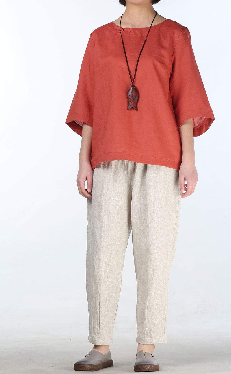 Minibee Women's Linen Blouse Round Neck 3/4 Sleeve Shirt Tops with Chinese Frog Button Orange L - Image 5