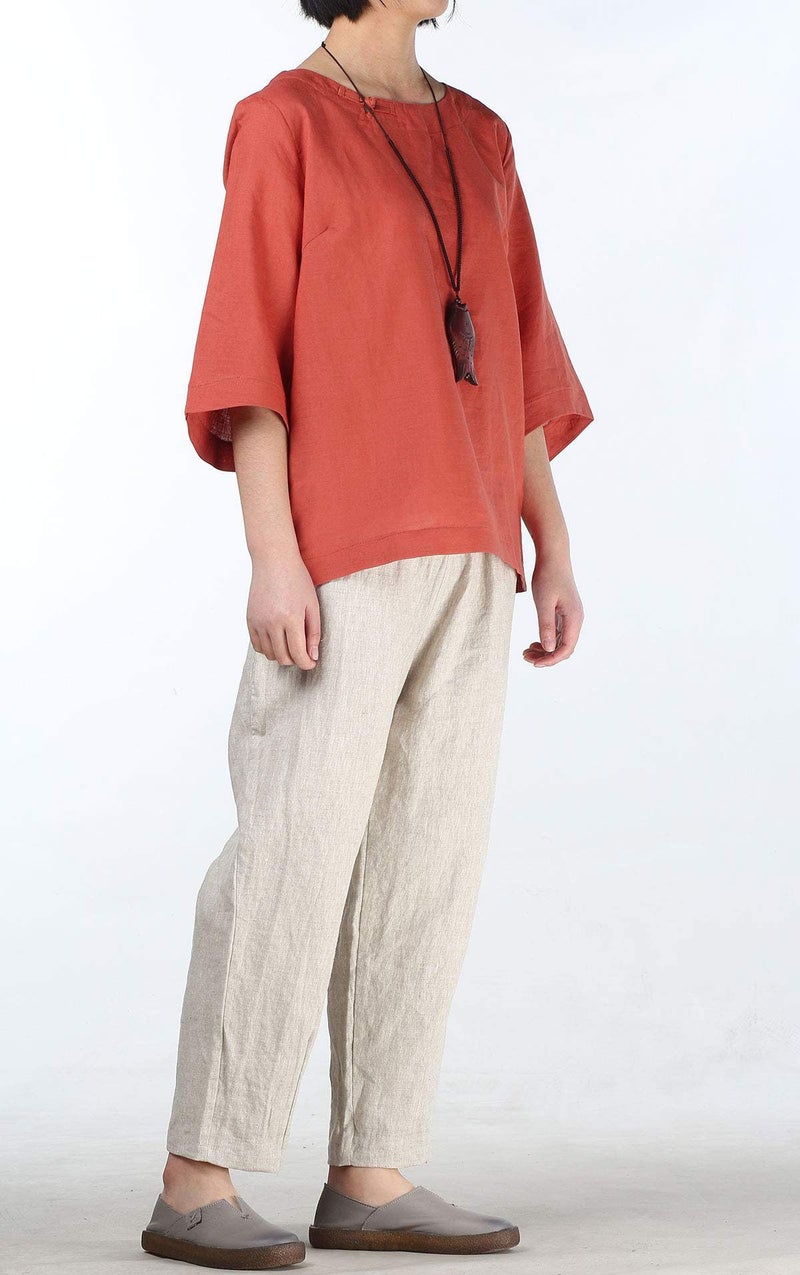 Minibee Women's Linen Blouse Round Neck 3/4 Sleeve Shirt Tops with Chinese Frog Button Orange L - Image 2