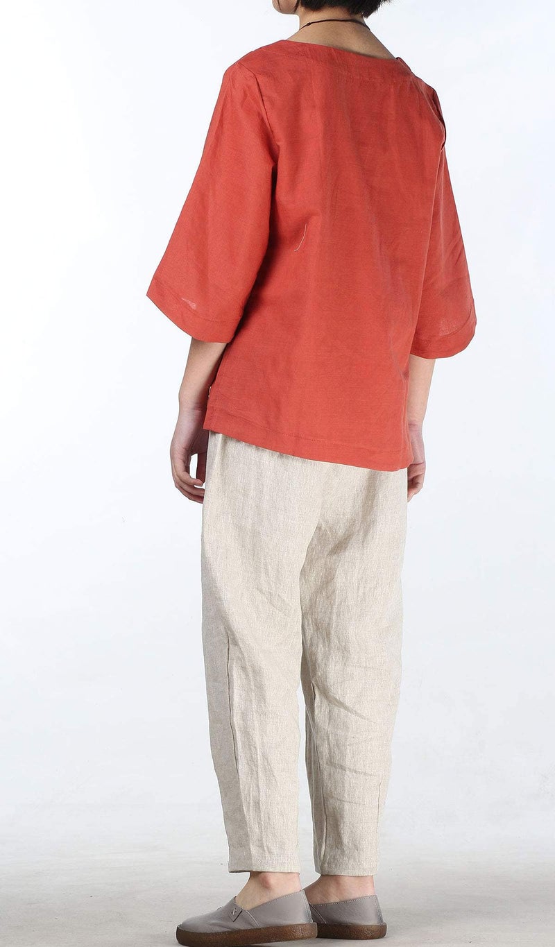 Minibee Women's Linen Blouse Round Neck 3/4 Sleeve Shirt Tops with Chinese Frog Button Orange L - Image 3