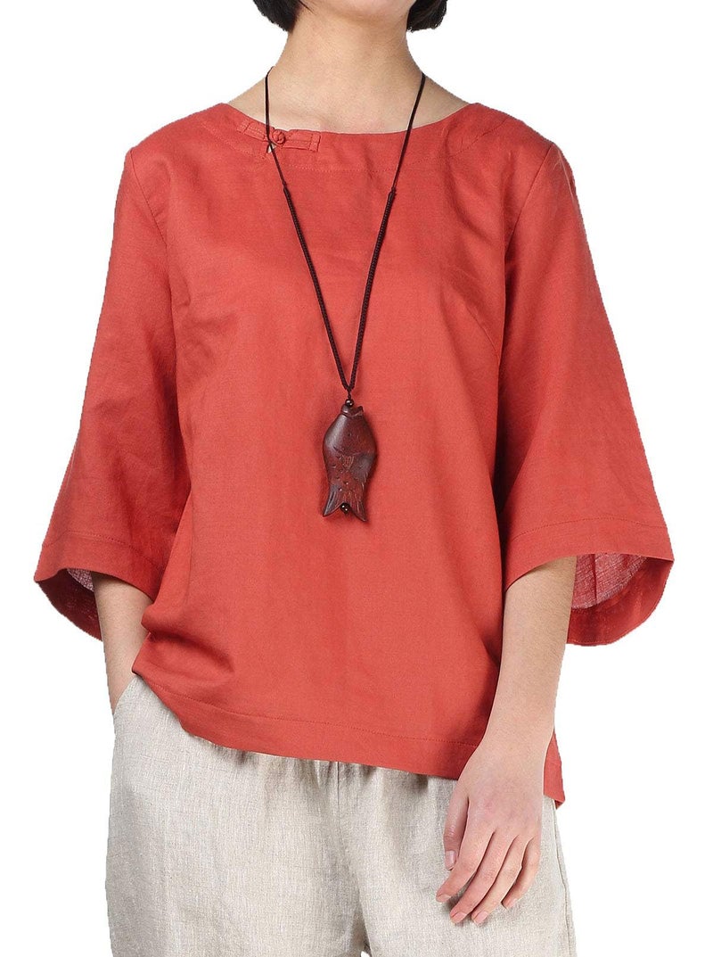 Minibee Women's Linen Blouse Round Neck 3/4 Sleeve Shirt Tops with Chinese Frog Button Orange L - Image 4