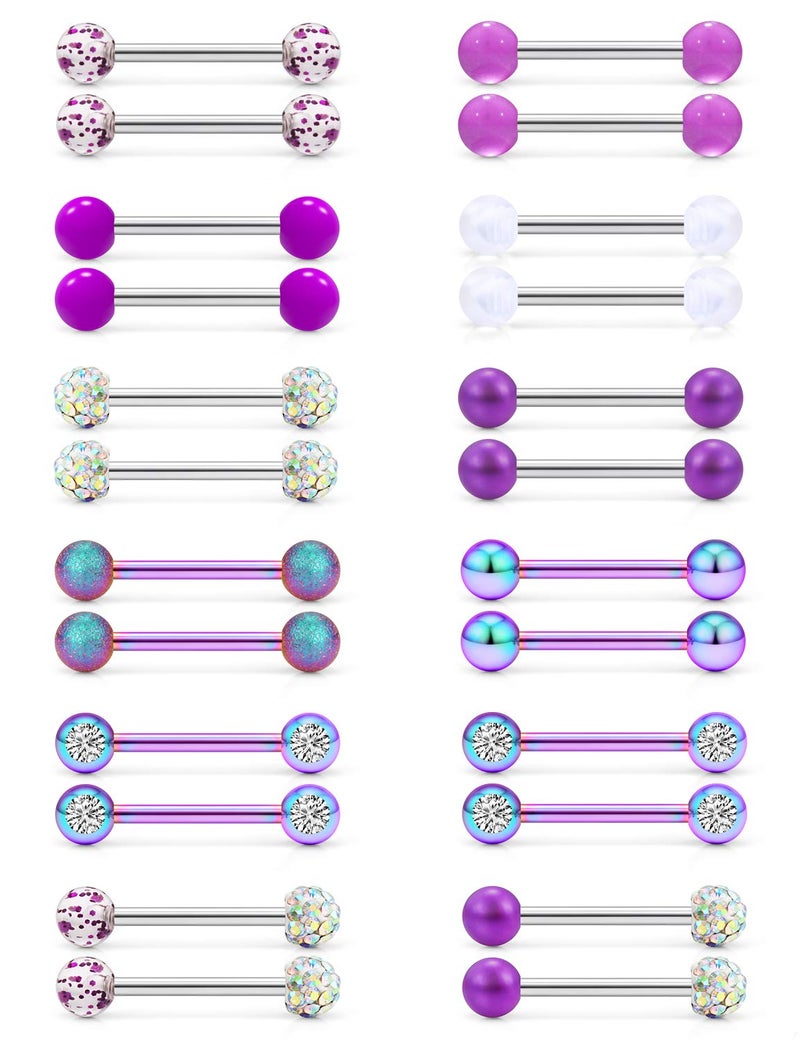 Cisyozi 16g Nipple Rings for Women Purple Nipple Piercing 16Gauge 316L Stainless Surgical Steel Nipple Tongue Bar Body Piercing Jewelry for Women Elegant CZ Stone Shining and Cute - Image 1