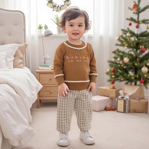 JLKGICF Toddler Baby Christmas Outfit Girl Boy Santa Claus Gingerbread Man Sweatshirt With Plaid Pants Christmas Clothes Khaki Gingerbread Man 23T - Image 3