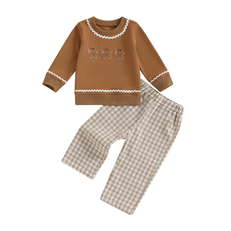 JLKGICF Toddler Baby Christmas Outfit Girl Boy Santa Claus Gingerbread Man Sweatshirt With Plaid Pants Christmas Clothes Khaki Gingerbread Man 23T - Image 2