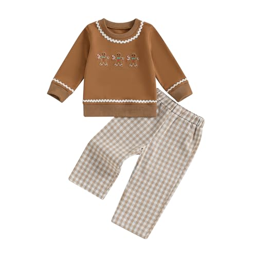 JLKGICF Toddler Baby Christmas Outfit Girl Boy Santa Claus Gingerbread Man Sweatshirt With Plaid Pants Christmas Clothes Khaki Gingerbread Man 23T - Image 1
