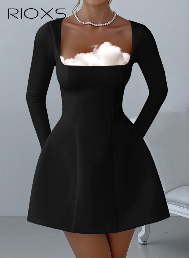 ريوكس فستان قصير بأكمام طويلة ورقبة مربعة للنساء، فستان قصير أنيق بخصر عالٍ وخط A للسيدات، فستان رسمي بسحاب لحفلات العشاء والنادي والمواعدة وحفلات التخرج والعطلات وحفلات الزفاف والمزيد، أسود - Image 1