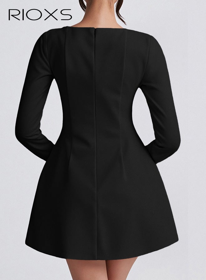 ريوكس فستان قصير بأكمام طويلة ورقبة مربعة للنساء، فستان قصير أنيق بخصر عالٍ وخط A للسيدات، فستان رسمي بسحاب لحفلات العشاء والنادي والمواعدة وحفلات التخرج والعطلات وحفلات الزفاف والمزيد، أسود - Image 3