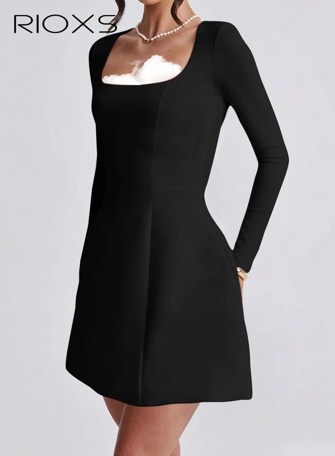 ريوكس فستان قصير بأكمام طويلة ورقبة مربعة للنساء، فستان قصير أنيق بخصر عالٍ وخط A للسيدات، فستان رسمي بسحاب لحفلات العشاء والنادي والمواعدة وحفلات التخرج والعطلات وحفلات الزفاف والمزيد، أسود - Image 2