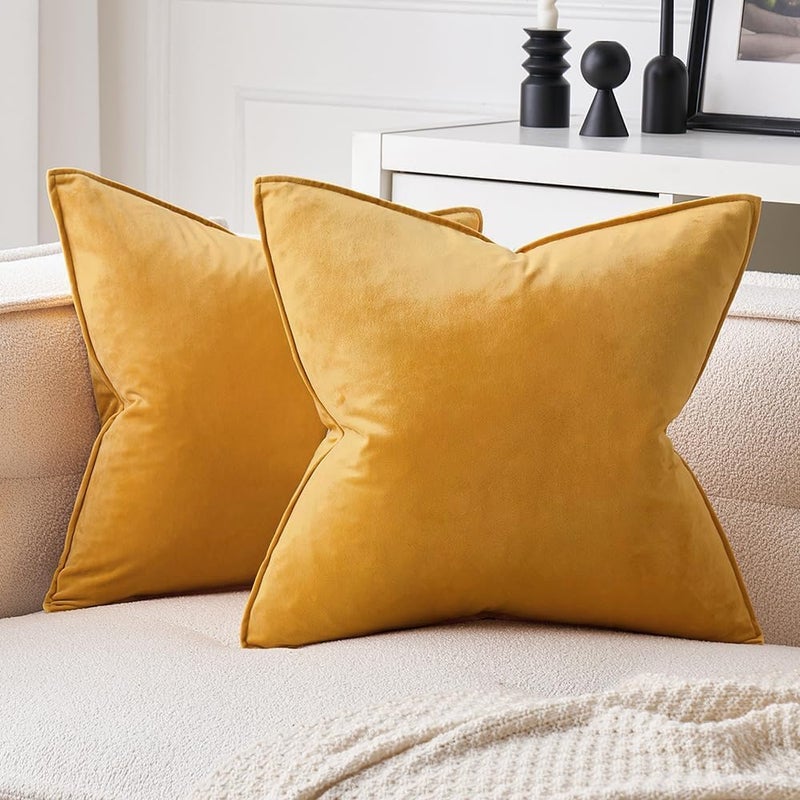 MIULEE Pack of 2 Decorative Velvet Throw Pillow Cover Soft Pillowcase Solid Square Cushion Case for Sofa Bedroom Car 24x24 Inch 60x60 Cm Yellow - Image 1