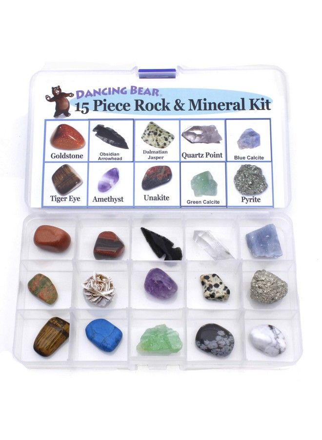 Dancing Bear 15 Pc Rock & Mineral Collection With Collector Box/Display Case, Id Sheet, Rock Book, Magnifying Glass, Beginner Starter Set, Kidsgemstone Crystal Kit, Stem Geology Science Education - Image 3