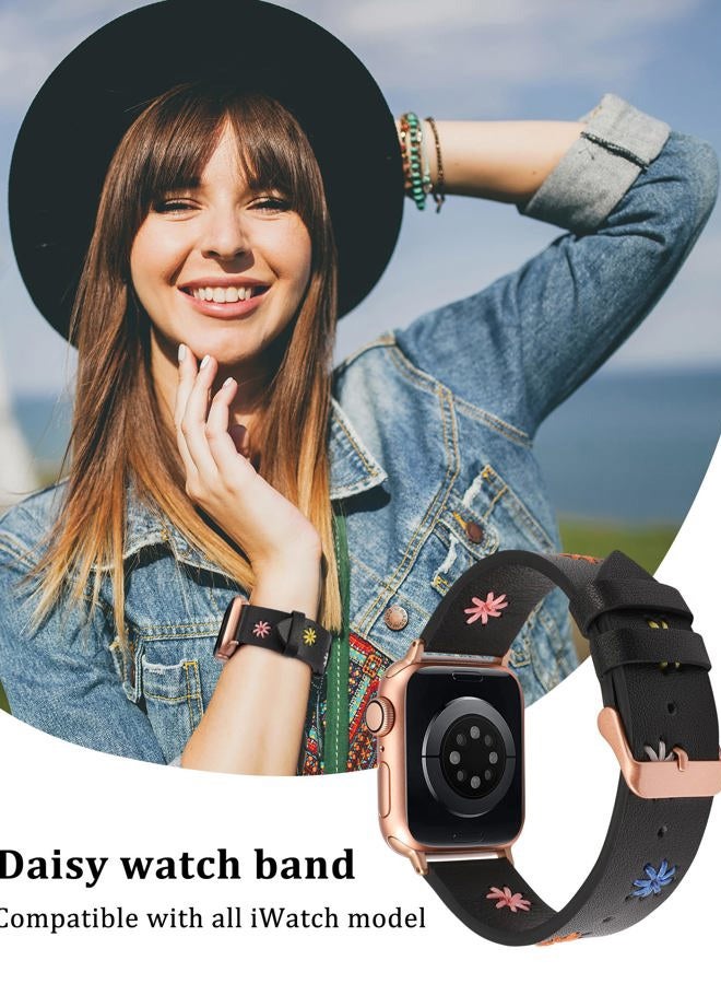 Daisy Leather Band Compatible with Apple Watch Band Women 41/40/38/42mm, Original Stylish Boho Soft Leather Strap with Cute Floral Stitching for iWatch Series 10/9/8/SE/7/6/5/4/3/2/1