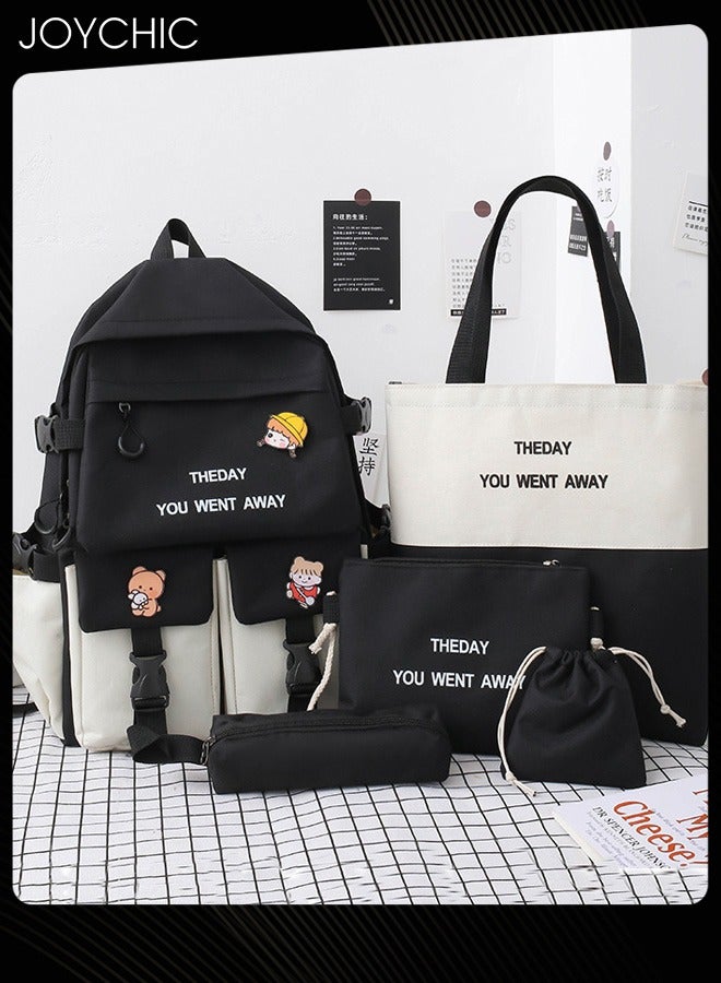 Joychic طقم حقيبة مدرسية بسعة كبيرة حقيبة مدرسية قماش مقاومة للماء مع حقيبة أقلام للطلاب في المرحلة المتوسطة والثانوية والجامعة باللون الأسود/الأبيض - Image 1