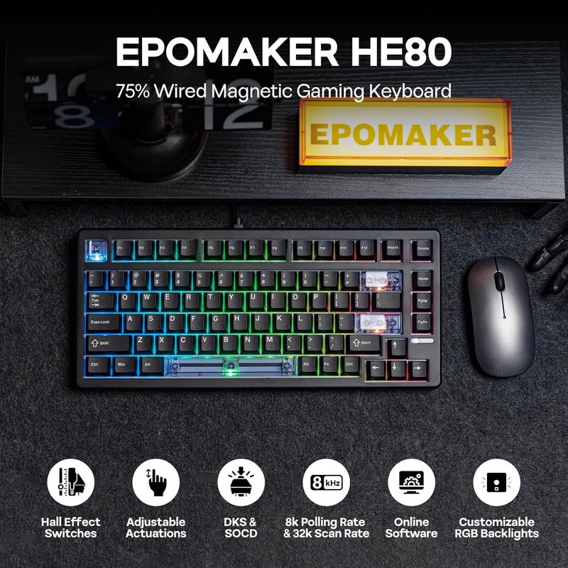 EPOMAKER HE80 Hall Effect Gaming Keyboard, 8K Polling & 32K Scan, Creamy Gasket, DKS, SOCD, Hot-Swappable, RGB Backlit, Wired Gaming Keyboard for PC & Mac (Black) - Image 2