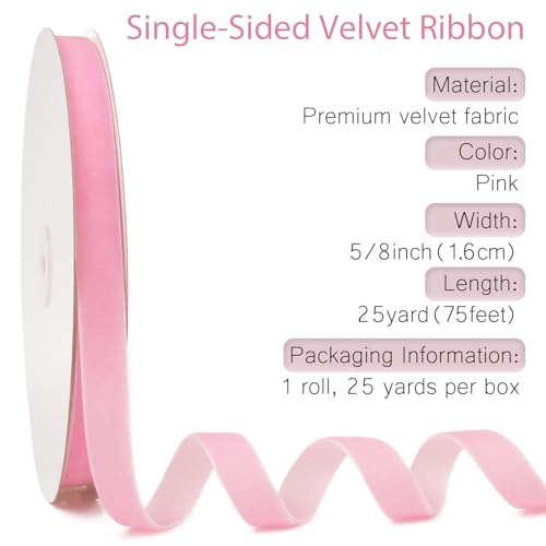 Mlurcu Pink Velvet Ribbon 5/8 Inch 25 Yds Vintage Thin Light Pink Velvet Ribbon for Christmas Tree, Gift Wrapping, Garland & Wreath Bows Making, Sewing Trim, DIY Crafts, Valentine's Day Wedding & Home Decor - Image 2