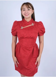 Women’s Noble Chinese Style High Neck Short Dress in Red Dahlia