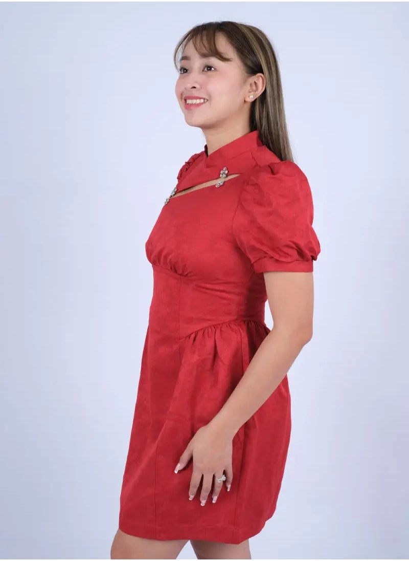 ONLY - Women’s Noble Chinese Style High Neck Short Dress in Red Dahlia - Image 1