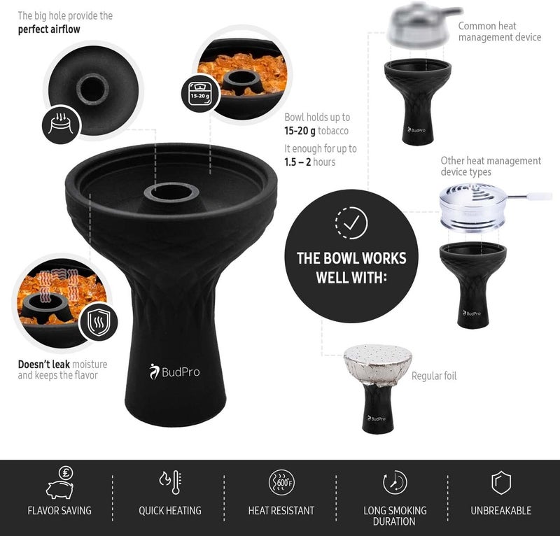 BudPro Hookah Bowl - Silicone 1 Hole Phunnel Bowl - Perfect with Charcoal Holder - Black Shisha Bowl - Image 3