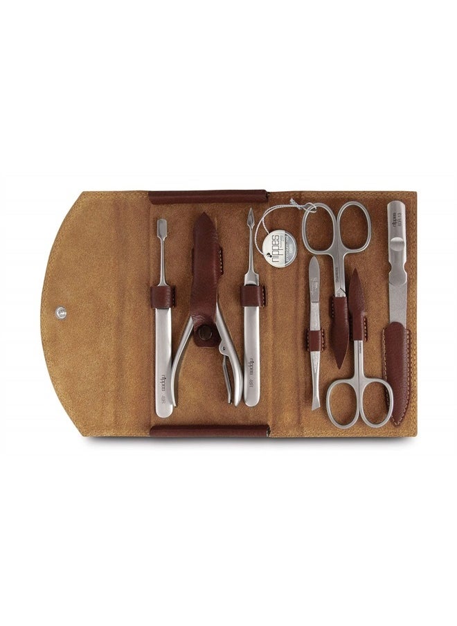 Nippes Solingen Manicure Set, 7-Piece, Stainless Steel, Nickel-Free, Genuine Brown Cowhide Leather Case  - Image 1