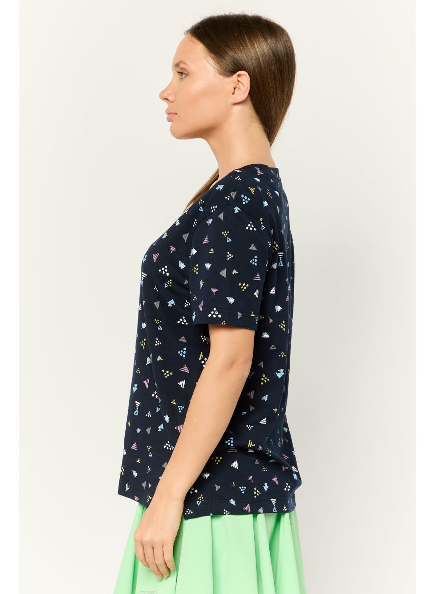 ESPRIT Women Crew Neck Short Sleeve Allover Print Top, Multicolour  - Image 3