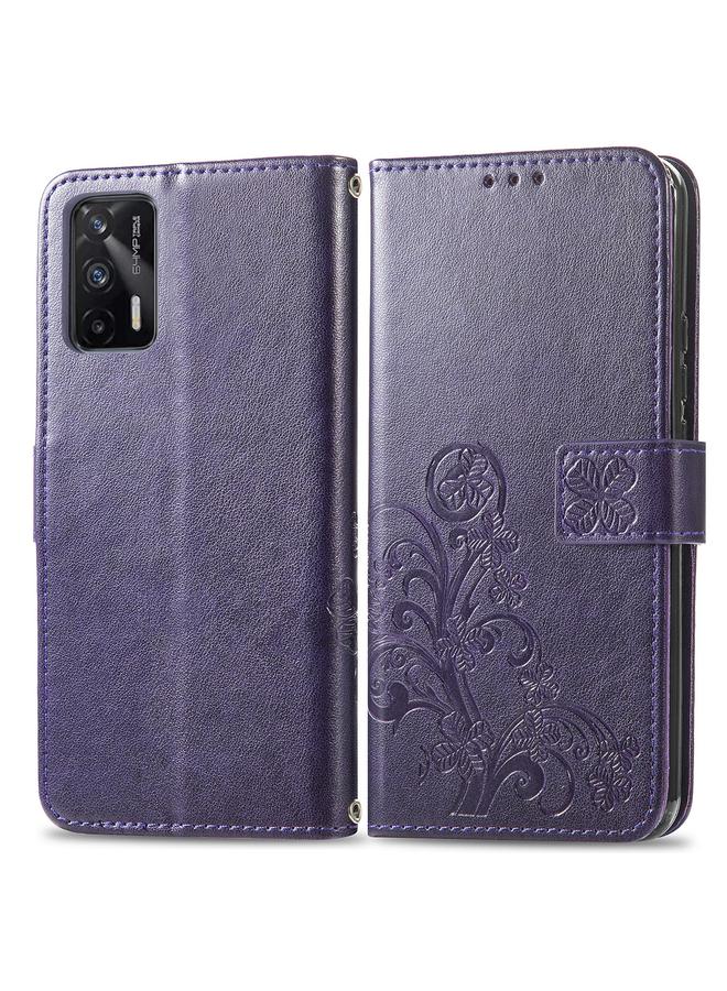 اس-توب جراب لهاتف OPPO Realme GT 5G / Q3 Pro 5G جراب جلدي منقوش بأربع أوراق لحماية الهاتف المحمول مع حبل وفتحة للبطاقة ومحفظة ووظيفة القوس - Image 2