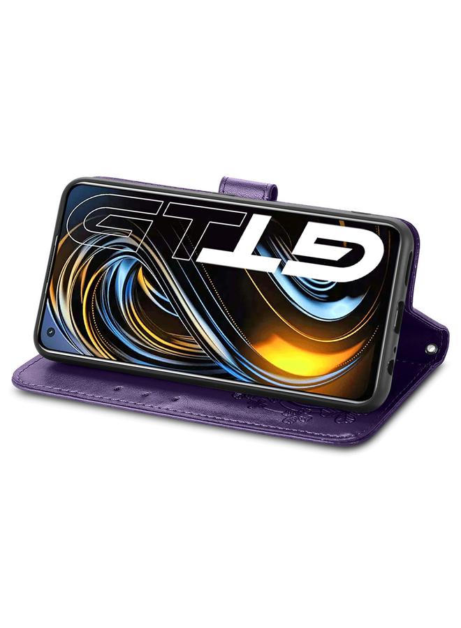 اس-توب جراب لهاتف OPPO Realme GT 5G / Q3 Pro 5G جراب جلدي منقوش بأربع أوراق لحماية الهاتف المحمول مع حبل وفتحة للبطاقة ومحفظة ووظيفة القوس - Image 4