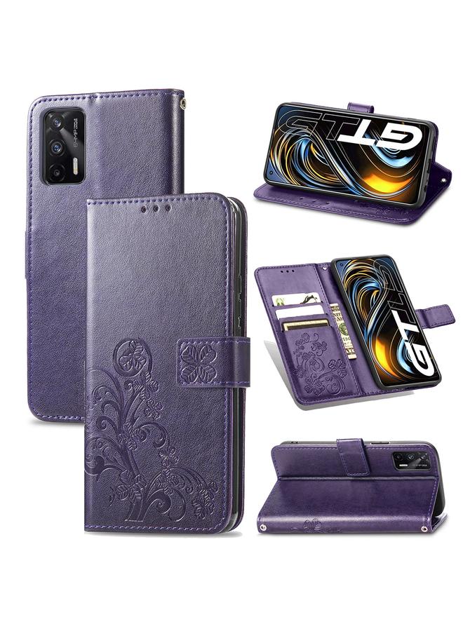 اس-توب جراب لهاتف OPPO Realme GT 5G / Q3 Pro 5G جراب جلدي منقوش بأربع أوراق لحماية الهاتف المحمول مع حبل وفتحة للبطاقة ومحفظة ووظيفة القوس - Image 1