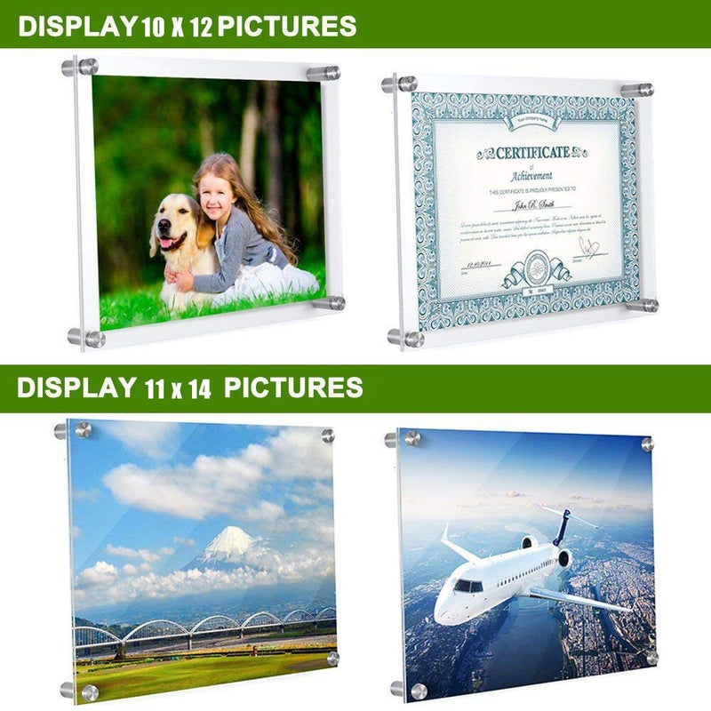 Meetu 11x14 Acrylic Picture Frames -Inner 10x12 Wall Mount Photo Frame Frameless Clear Floating Frame for Document Certificate Artwork(4 Pack) - Image 2