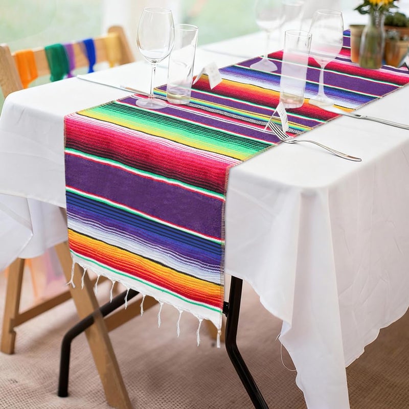 Fowecelt Mexican Serape Table Runner 14 x 84 Inch for Mexican Party Wedding Decorations Outdoor Picnics Dining Table, Fringe Cotton Handwoven Table Runners - Image 1