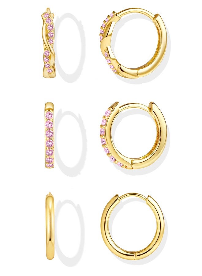 Inerney Gold Huggie Hoop Earrings Set for Women, Dainty Small Sterling Silver Earrings for Multiple Piercing Lightweight Hypoallergenic Jewelry, Trendy Twisted Cubic Zircon Cartilage Earrings for - Image 1