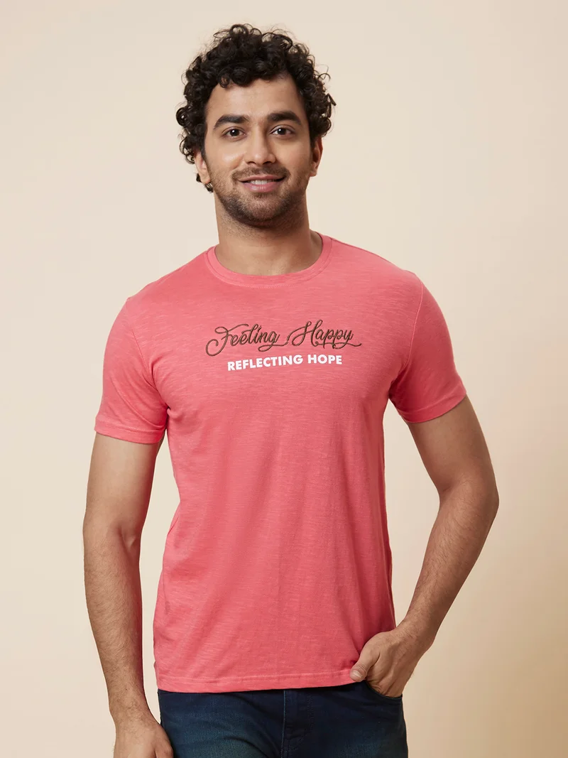 Globus Men Salmon Printed Cotton T-Shirt