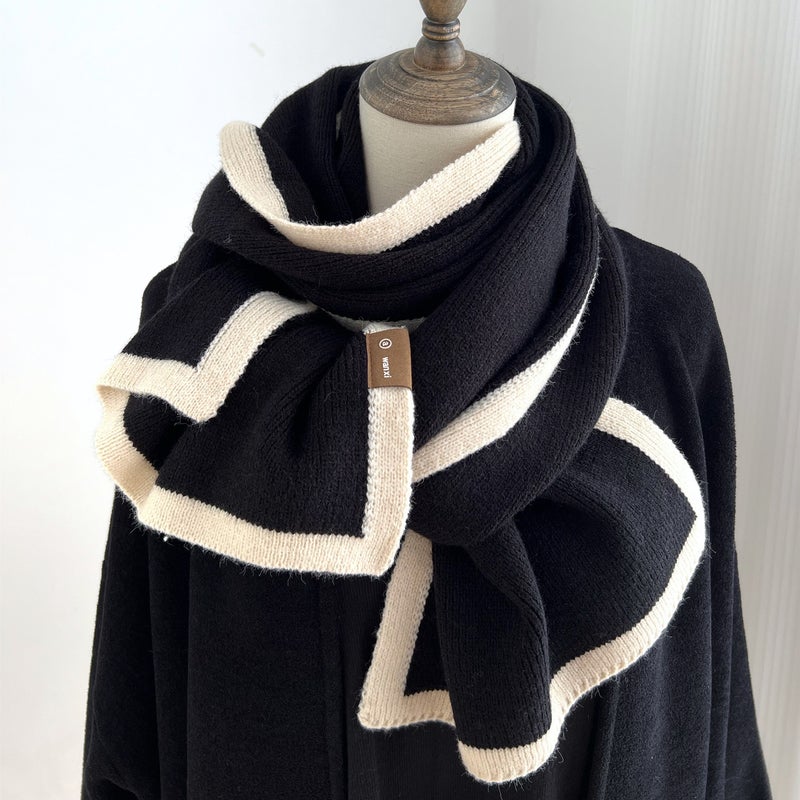 Black And White Color Matching Scarf Winter New High-End Frame Knitted Wool Niche Design Versatile Scarf For Boys And Girls - Image 4