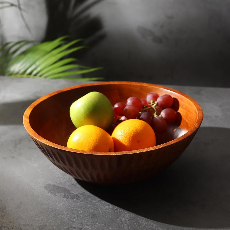 LAVAUK 12 x 4 Wood bowl with hand carved pattern | 4.3 quarts capacity | wooden bowl for food, serving salads, pasta, cereal or popcorn | kitchen counter centerpiece bowl for fruits | - Image 2