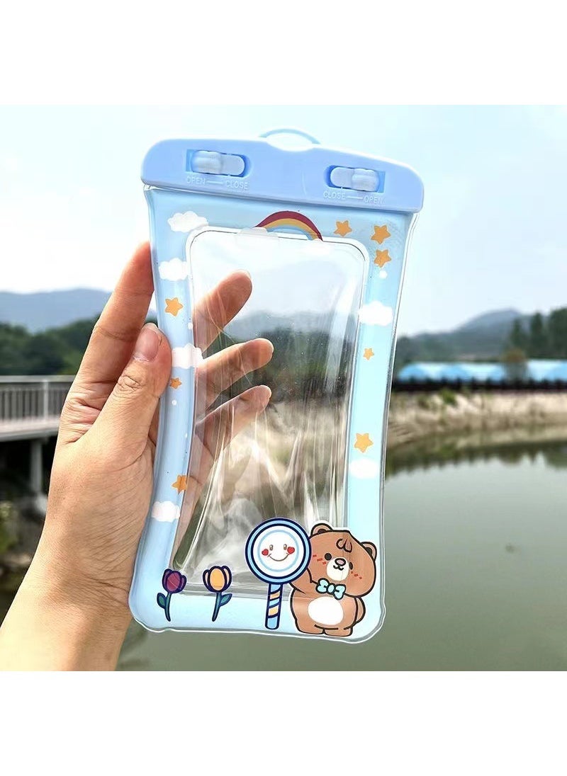 Generic Cute Cartoon Waterproof Phone Pouch Inflatable Float Bag Blue brown bear (send transparent lanyard)