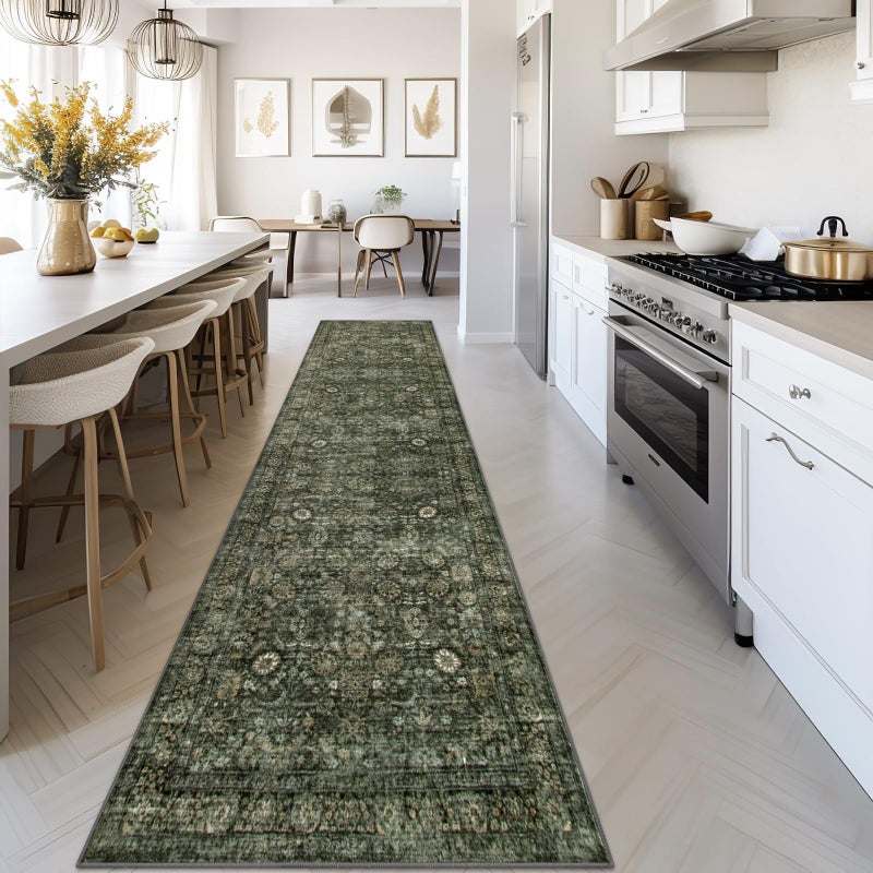Morebes Vintage 2x10 Runner Rug for Hallway Non SlipWashable Kitchen Runner Rug for Entryway IndoorSuper Soft Faux Wool Rug for Farmhouse Dining Room Indoor Playroom Dark Green