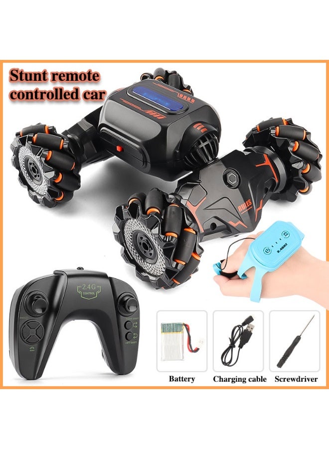 Racing transformable remote-controlled stunt vehicle, equipped with a handheld controller and wristwatch-style gravity-sensing remote. Off-road climbing capability with custom tyres for multi-terrain adaptability. Dual-mode driving with dazzling headlights. - Image 1