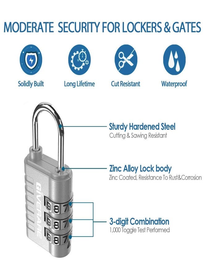 GIVERARE 8 Pack Combination Lock, 3-Digit Padlock Keyless, Resettable Luggage Locks for Backpack, Gym & School & Employee Locker, Weatherproof Travel Lock for Fence, Backyard Gate, Hasp, Case-Silver - Image 3