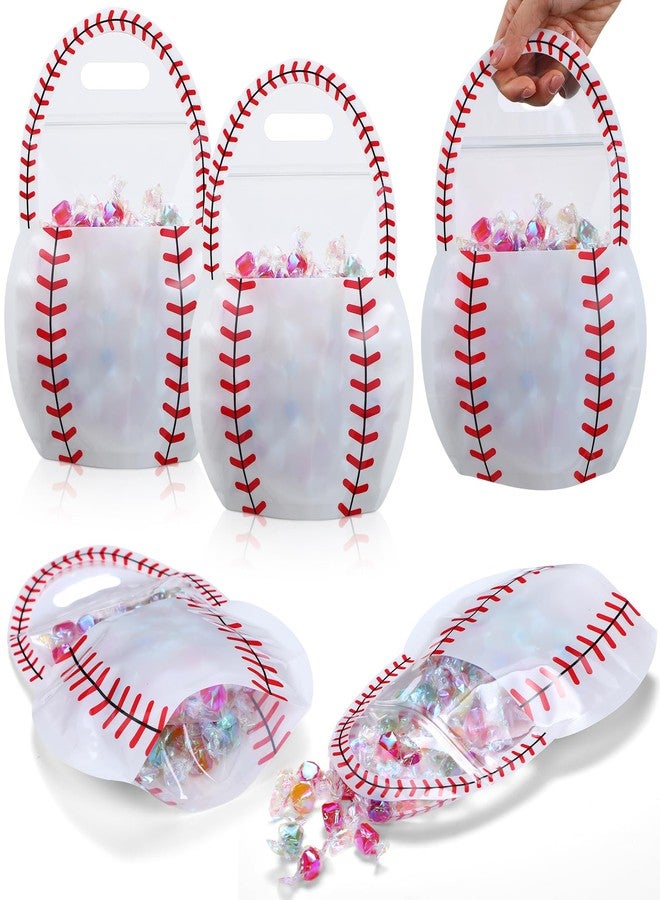 Spakon 50 Pcs Plastic Sports Goodie Bags with Handles 10.1 x 7.3 Inch Clear White Baseball Sealing Pouches for Candy Snacks Trick or Treat Gift Bags for Birthday Party Favor Decoration - Image 1