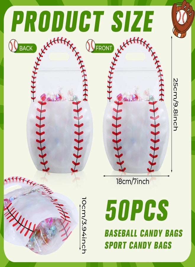 Spakon 50 Pcs Plastic Sports Goodie Bags with Handles 10.1 x 7.3 Inch Clear White Baseball Sealing Pouches for Candy Snacks Trick or Treat Gift Bags for Birthday Party Favor Decoration - Image 3