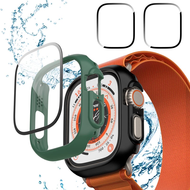 Cuteey Apple Watch Ultra 49mm 2+2 Pack Waterproof Case with Separate No-Foggy Tempered Glass Screen Protector and Hard PC Bumper, Black+Green - Image 1