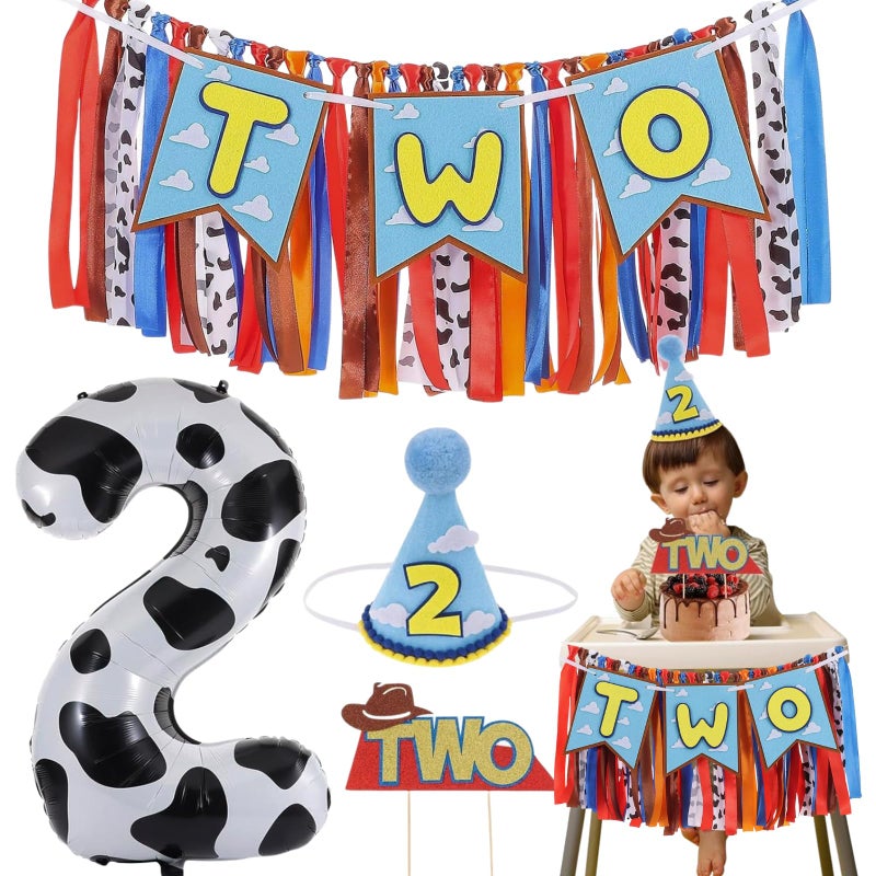 RANERVZ Cartoon Toy Highchair Banner for 2nd Birthday Party Decorations Two Infinity and Beyond High Chair Tassel Banner for Boys 2 Years Old Western Cowboy 2 Birthday Photo Props Backdrop Decorations - Image 1