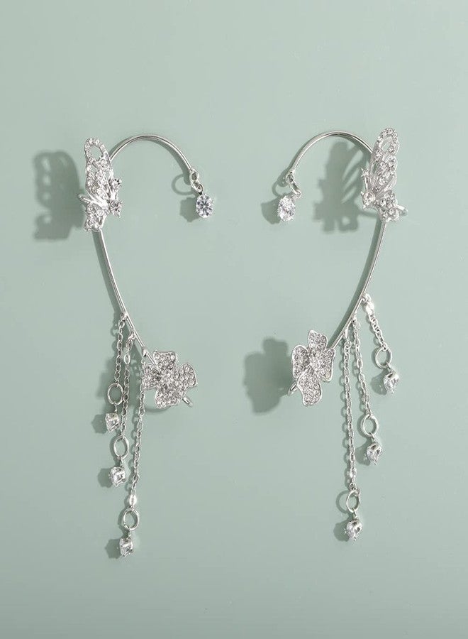 Jumwrit Women Rhinestone Butterfly Ear Cuffs With Tassel Chain Dangle - Non-Piercing Flower Wrap Climber Crawler - Boho Hollow Butterfly Earrings, Metal Rhinestone - Image 4