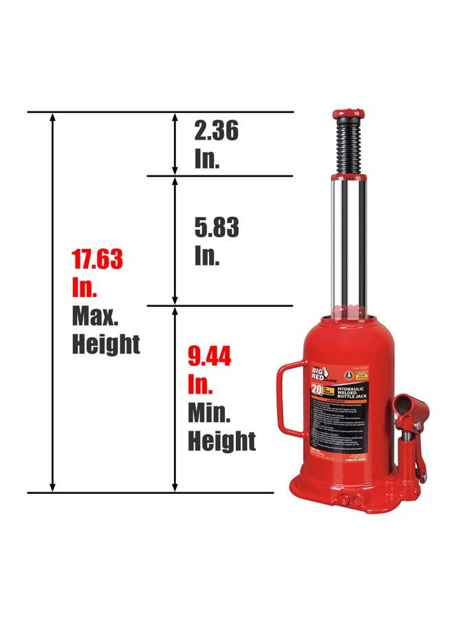 BIG RED T92003B Torin Hydraulic Welded Bottle Jack, 20 Ton (40,000 lb) Capacity, Red - Image 2