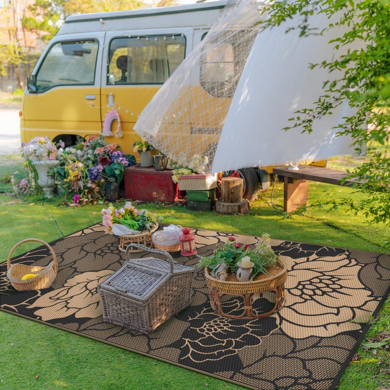 GENIMO Outdoor Rug Waterproof for Patio Decor, 5' x 8' Reversible Plastic Straw Floral Camping Carpet, Large Area Rugs Mats for RV, Camper, Deck, Balcony, Porch, Beach, Picnic, Mix-Black & Brown - Image 2